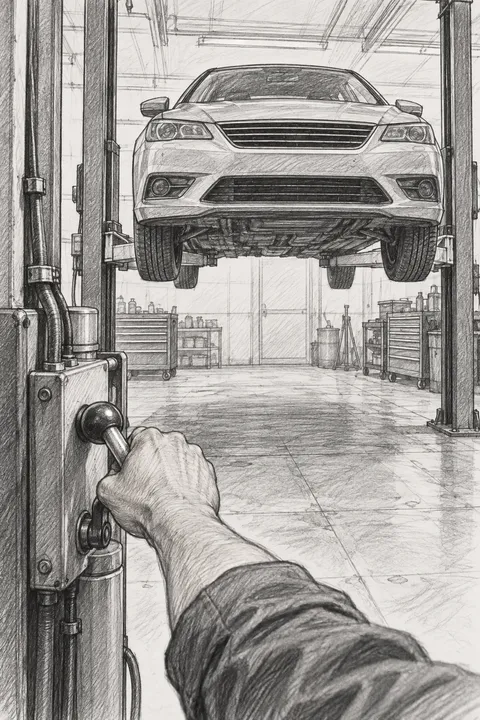 自分の手でリフトのレバーを押し、車が上がっていく一人称視点のスケッチ