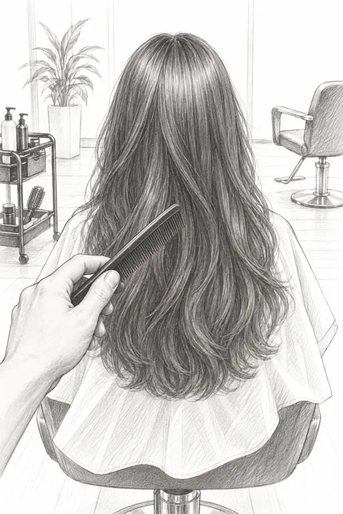 椅子に座った客の後ろ姿と、櫛を持つ美容師の手を描いた一人称視点のスケッチ