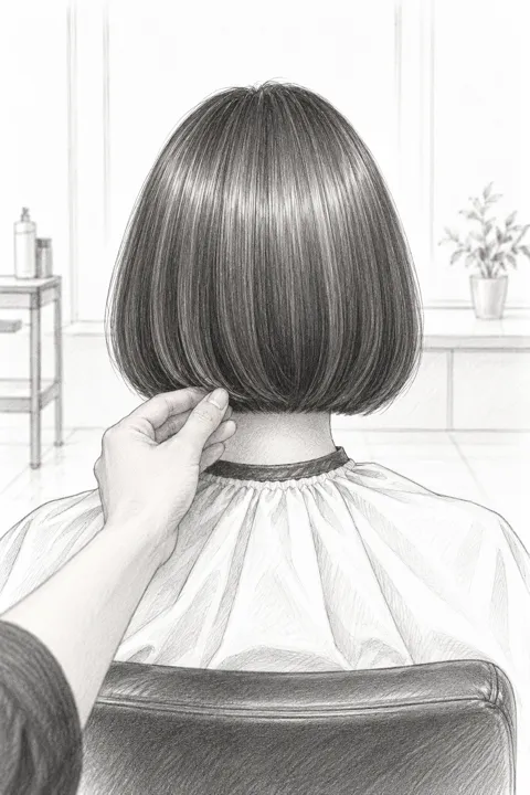 艶のあるボブに仕上がった後ろ姿と、毛先を整える手を描いた一人称視点のスケッチ