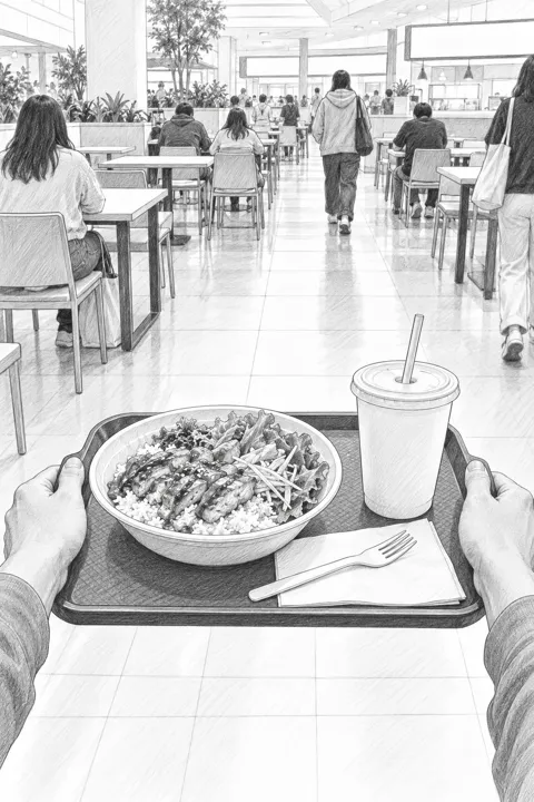フードコートで料理の載ったトレーを両手で持つ一人称視点のスケッチ