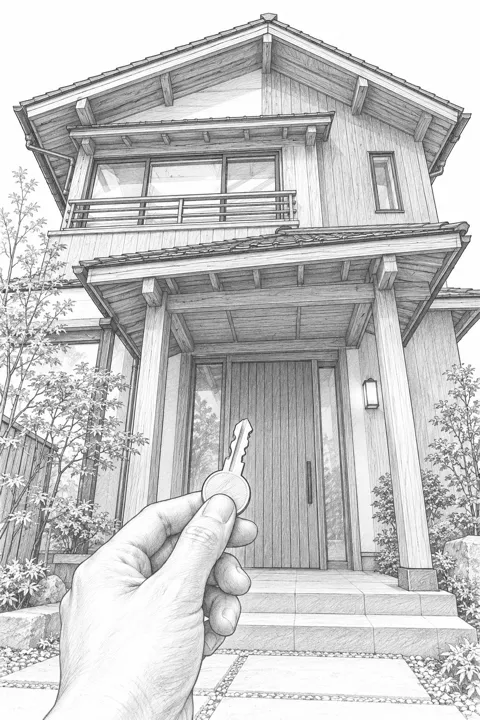 完成した二階建ての家を、鍵を持つ手越しに見上げた一人称視点のスケッチ
