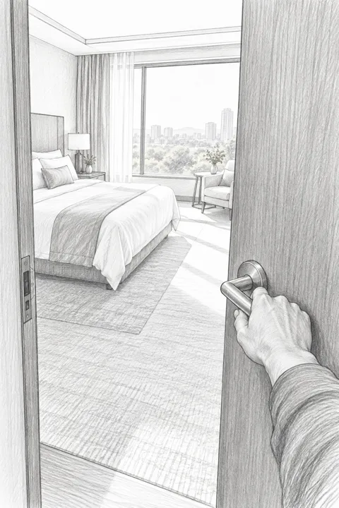 First-person sketch of a hand pushing open a guest room door, with a bed and window beyond