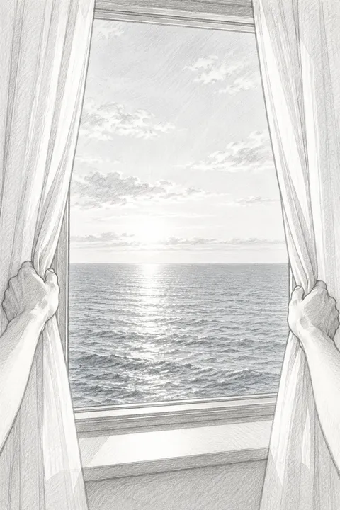First-person sketch of two hands drawing curtains open onto a sea view