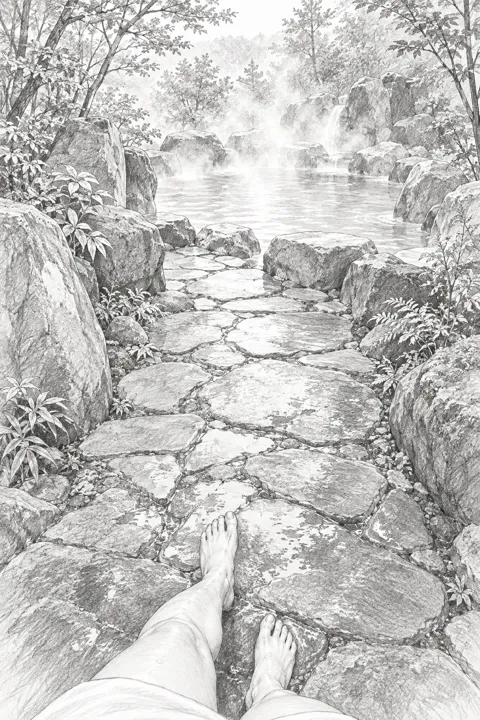 First-person sketch looking down at bare feet walking toward a steaming rock bath