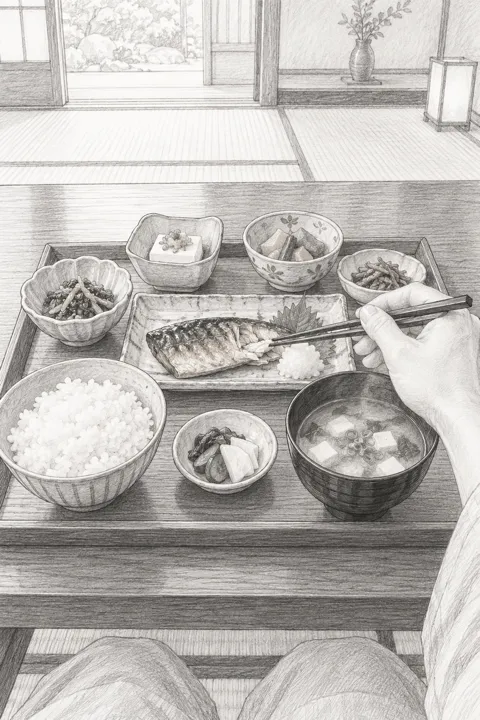 First-person sketch of a hand with chopsticks reaching over a Japanese breakfast tray