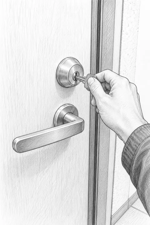 玄関ドアの鍵穴に鍵を差し込む手を描いた一人称視点のスケッチ