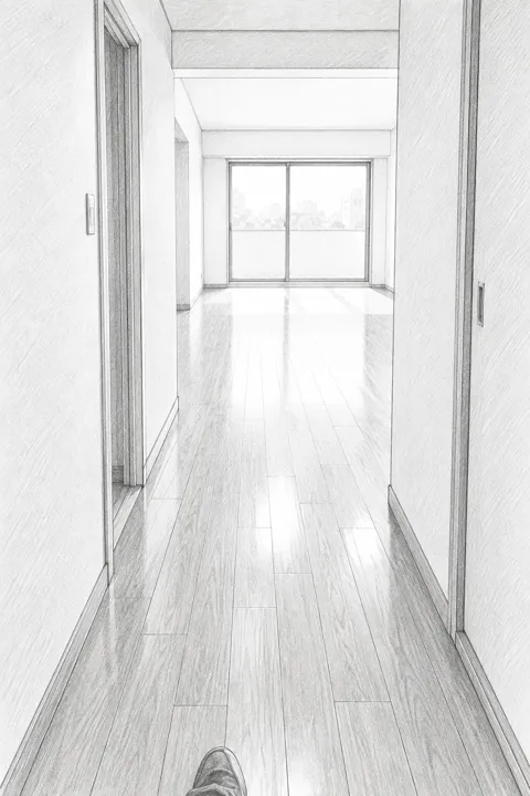廊下の先に、大きな窓のある明るい空室のリビングが見える一人称視点のスケッチ