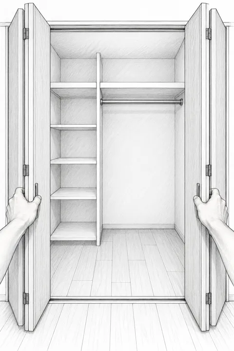 両手でクローゼットの扉を開き、中の棚とパイプが見える一人称視点のスケッチ