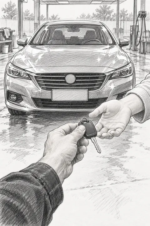 洗車を終えた車の鍵を、お客様の手に渡す一人称視点のスケッチ