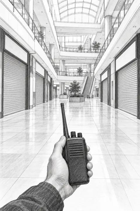 無線機を手に、開館前の無人の吹き抜けを歩く一人称視点のスケッチ