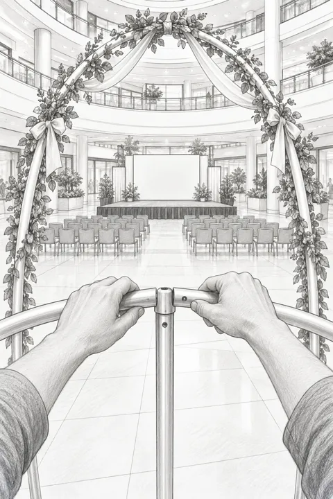 吹き抜けの広場で、イベントのアーチを組み立てる手元を描いた一人称視点のスケッチ