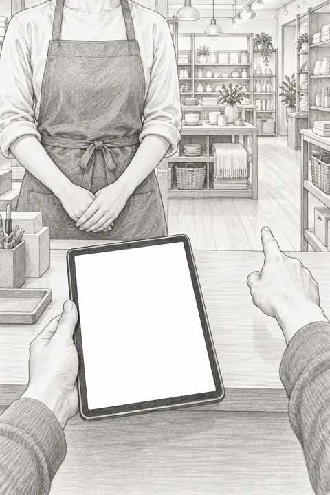 雑貨店のカウンター越しに、タブレットを手にテナントと話す一人称視点のスケッチ