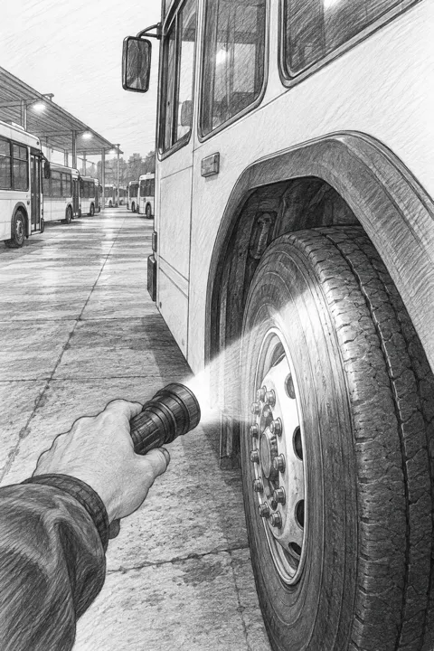 早朝の車庫で、懐中電灯でバスのタイヤを点検する一人称視点のスケッチ