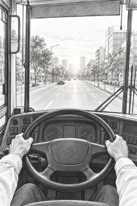 バスの運転席からハンドル越しに朝の街を見た一人称視点のスケッチ