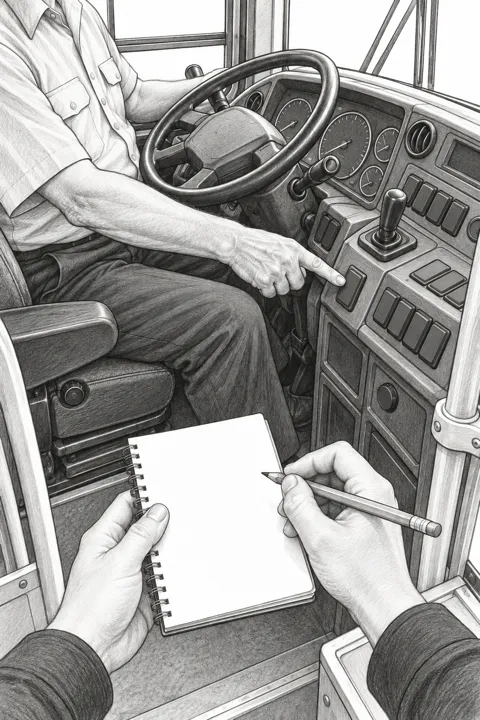 運転席の先輩の手がスイッチを指し示すのを、横に立って見る一人称視点のスケッチ