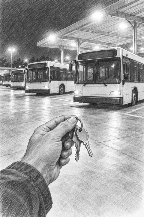 夜の車庫に並ぶバスを、鍵を持つ手越しに見た一人称視点のスケッチ