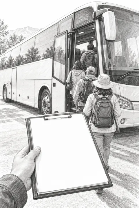名簿のバインダーを手に、バスへ乗り込む参加者の後ろ姿を見送る一人称視点のスケッチ