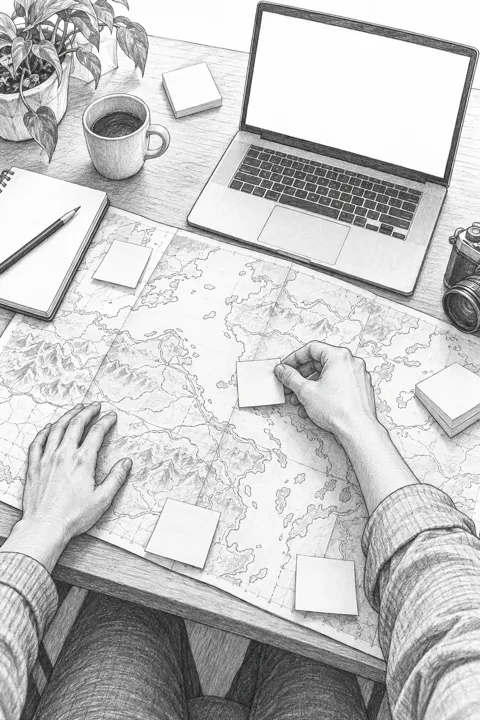 机に広げた地図に付箋を貼り、次のツアーを考える一人称視点のスケッチ
