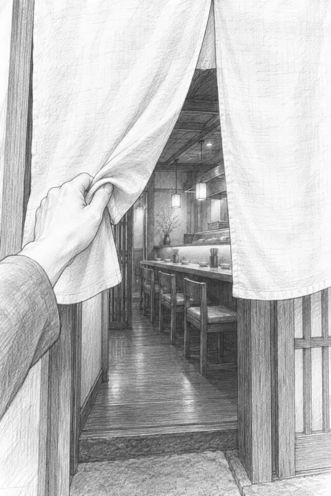 First-person sketch of a hand lifting a noren curtain, with counter seats beyond