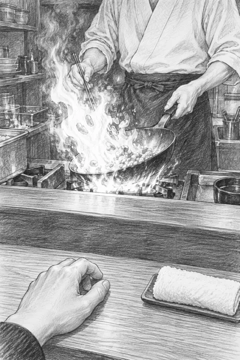 First-person sketch from a counter seat of a cook's hands tossing a flaming pan