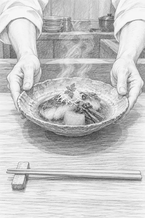 First-person sketch of a steaming plate being set down across the counter