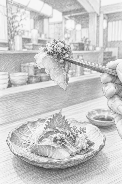 First-person sketch of a hand lifting a bite of food with chopsticks