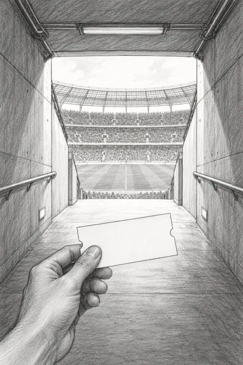 First-person sketch of a hand holding a ticket in a tunnel that opens onto a bright pitch