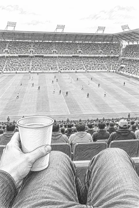 First-person sketch from a stadium seat, looking past knees at the pitch and full stands