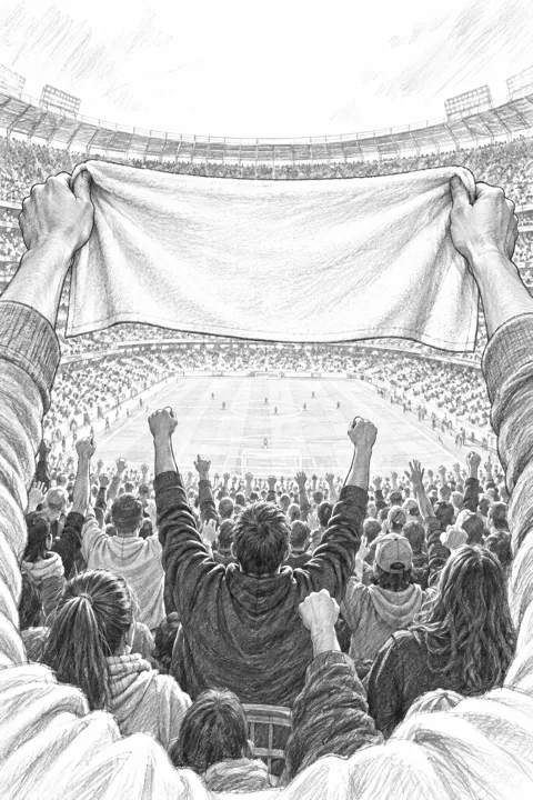 First-person sketch of a standing crowd from behind and two hands holding up a towel
