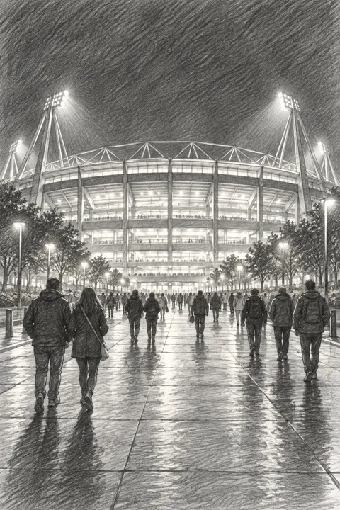 First-person sketch of a floodlit stadium at night, seen on the walk home