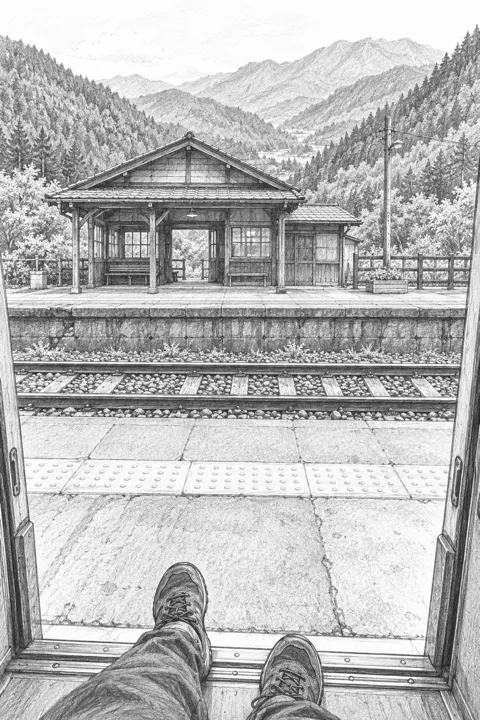 山あいの小さな駅のホームに降り立った足元と駅舎を描いた一人称視点のスケッチ