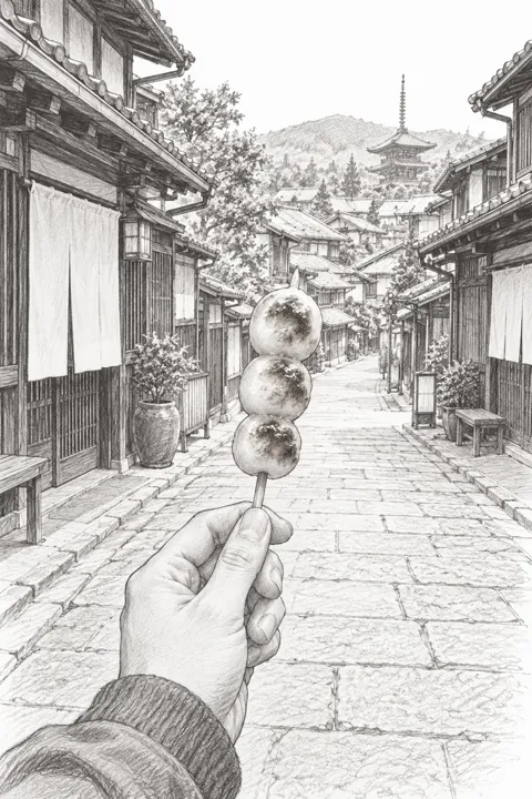 町並みを背景に、串団子を持った手を掲げる一人称視点のスケッチ