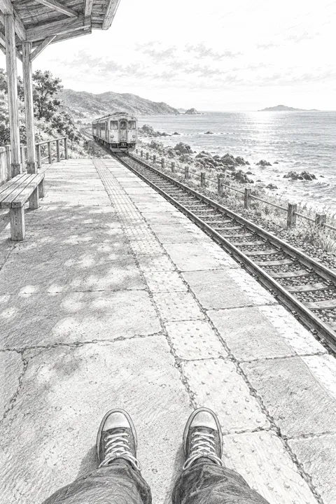 海の見える駅のホームに降り立ち、列車が走り去っていく一人称視点のスケッチ