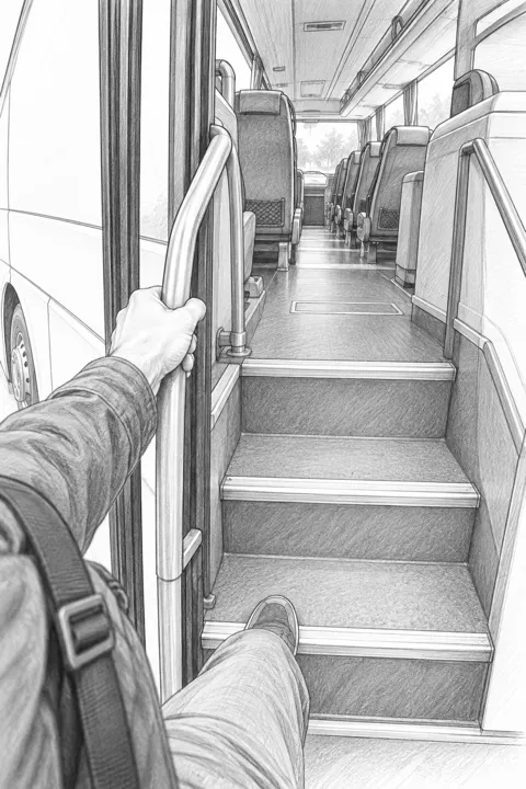 観光バスの乗降口で手すりをつかみ、ステップを上がる一人称視点のスケッチ