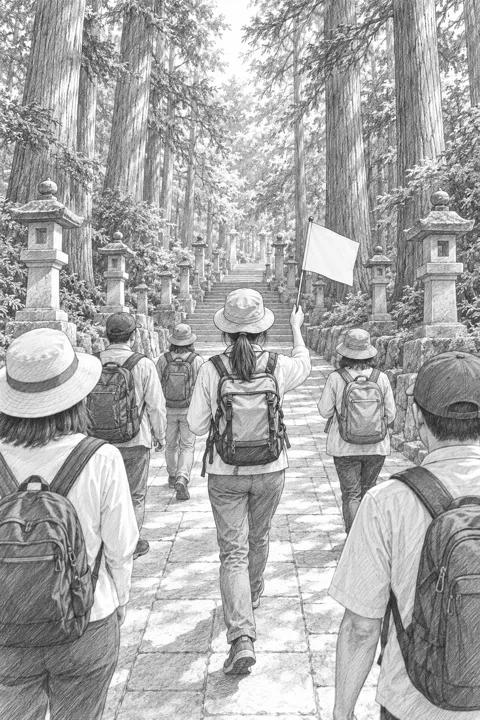 旗を掲げたガイドの後ろ姿について参道を歩く一人称視点のスケッチ