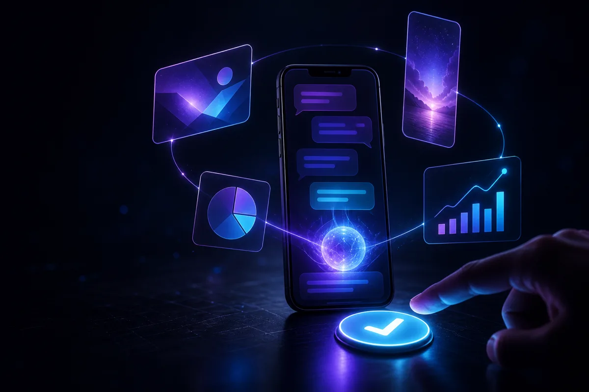 Key visual for the AllRev AI marketing tool: an AI born from a chat window generating ad banners, vertical video and analytics in a loop, with a person only pressing approve