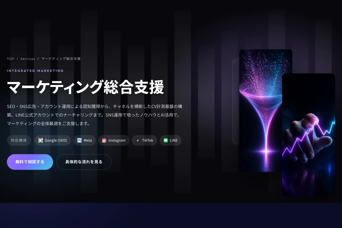 Key visual for the full-funnel marketing page: particles of light pouring into a funnel, and a hand reaching toward a holographic chart