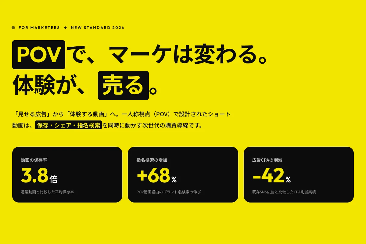 POV Studioページのキービジュアル。「POVで、マーケは変わる。体験が、売る。」と実績数値
