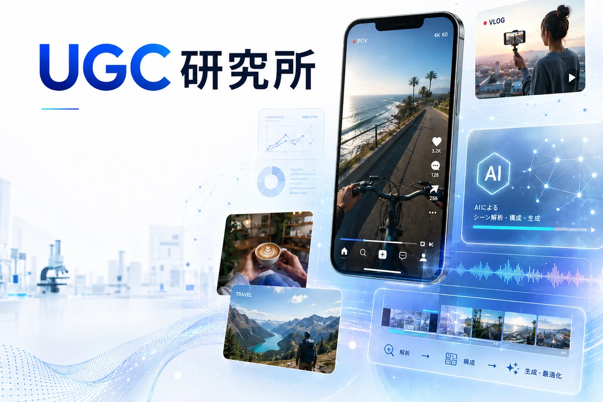 UGC研究所のキービジュアル。POV動画やvlogの画面と、AIによるシーン解析・構成・生成のプロセス