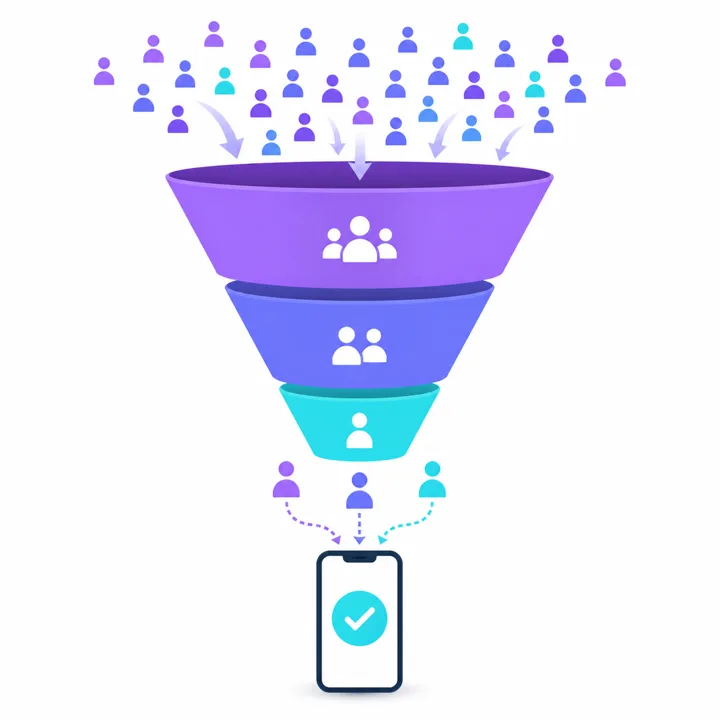 Illustration of the funnel from awareness to booking