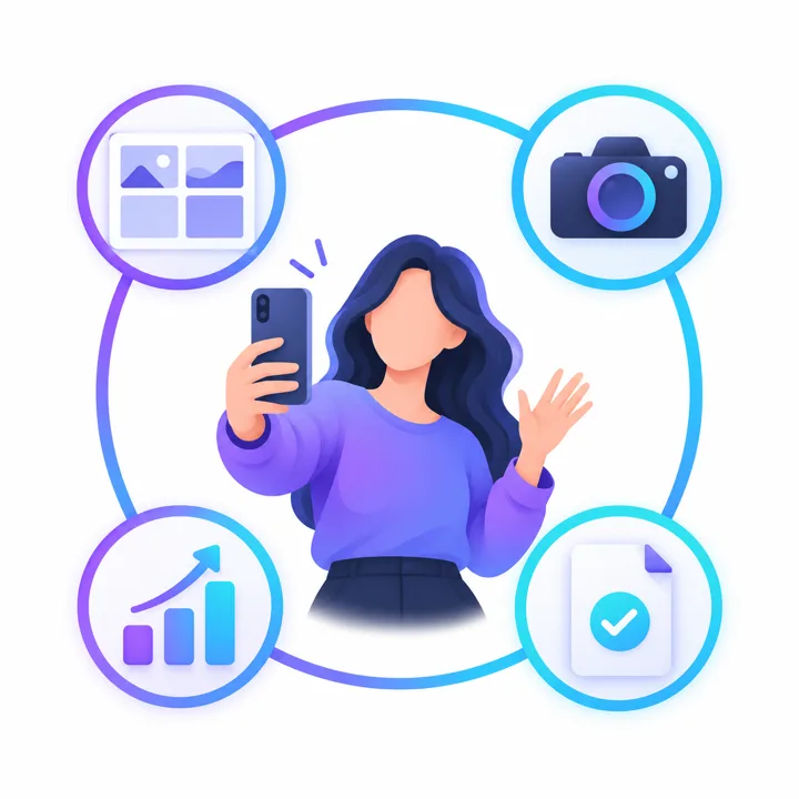 スマホで自撮りするクリエイターを、構成・撮影・投稿チェック・効果測定のアイコンが並ぶ1本の輪が囲むイラスト