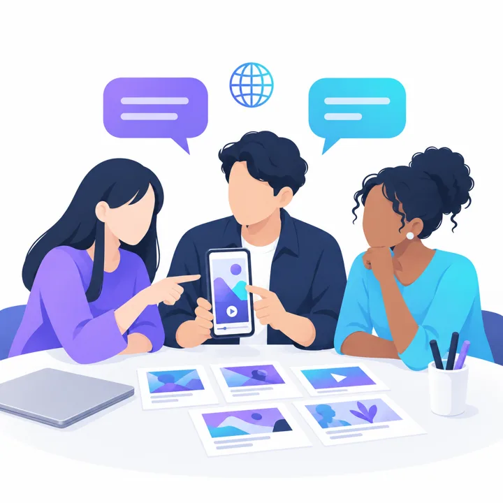 Illustration of three staff members from different backgrounds reviewing a vertical video and story cards at a table, with two speech bubbles and a globe above them