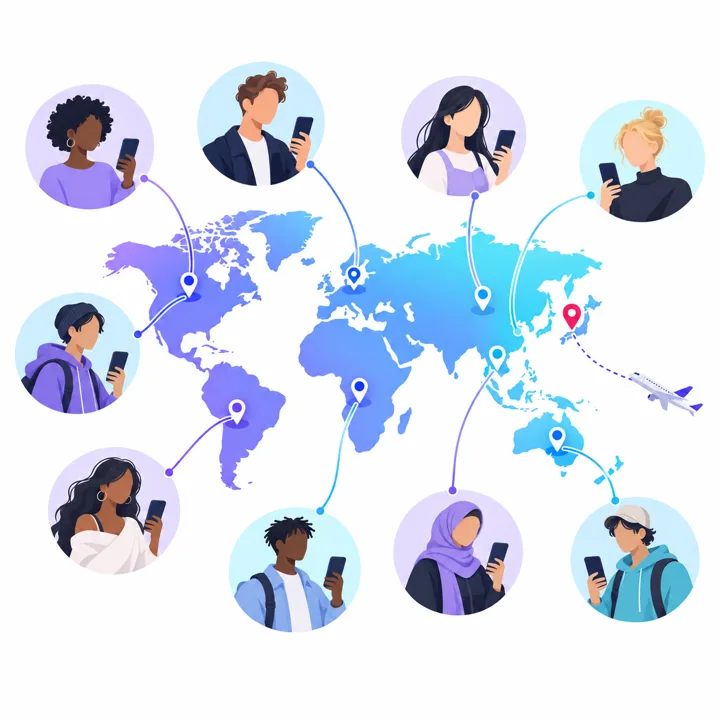 Illustration of pins on a world map linked to a range of creators holding phones, with a flight path heading to Japan