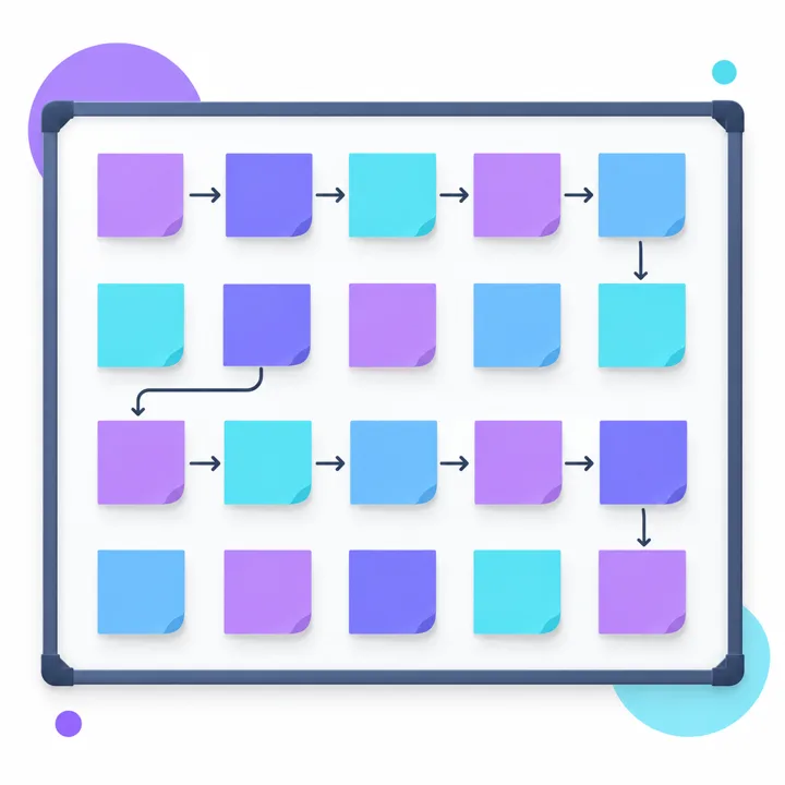 Illustration of arrows connecting sticky notes on a board, taking stock of how the work flows