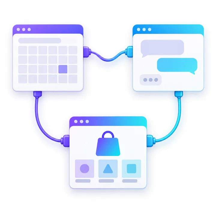 Illustration of three screens representing bookings, messaging and e-commerce, connected by cables