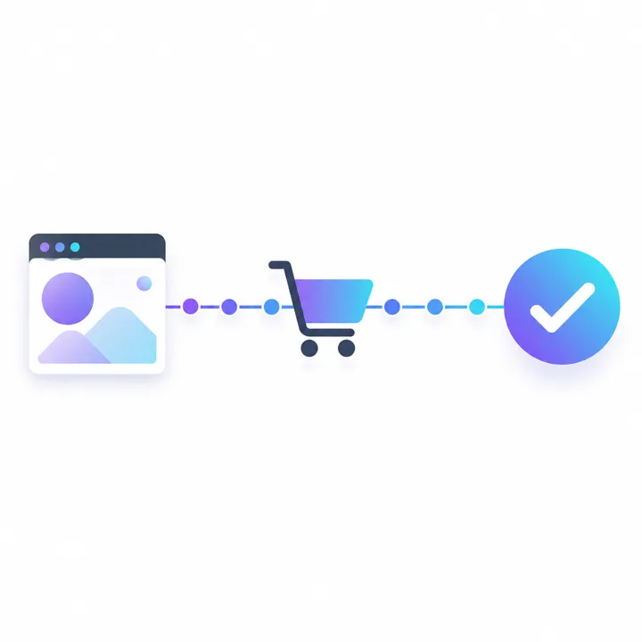 Illustration of a line running from an ad screen to the cart and the purchase confirmation, with measurement points along it