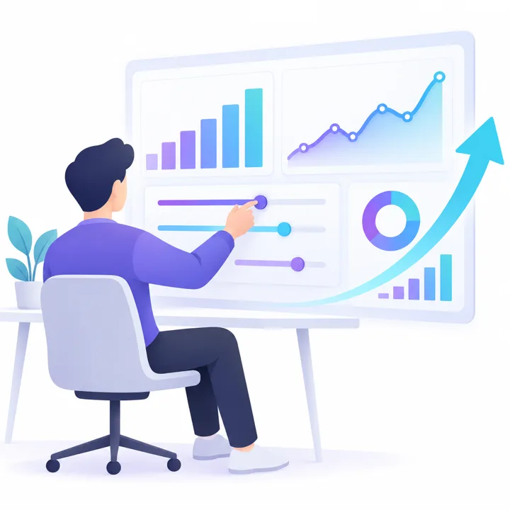 Illustration of a manager adjusting settings while watching a dashboard, with an upward arrow