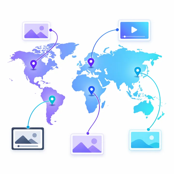 Illustration of pins in a world map connected by lines to screen icons representing platforms