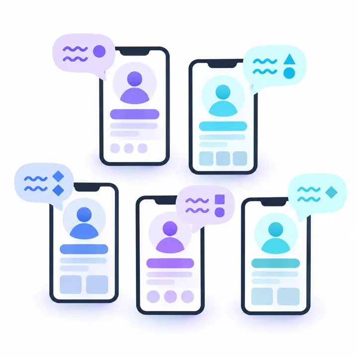 Illustration of phone screens showing official accounts, each with a speech bubble in a different language