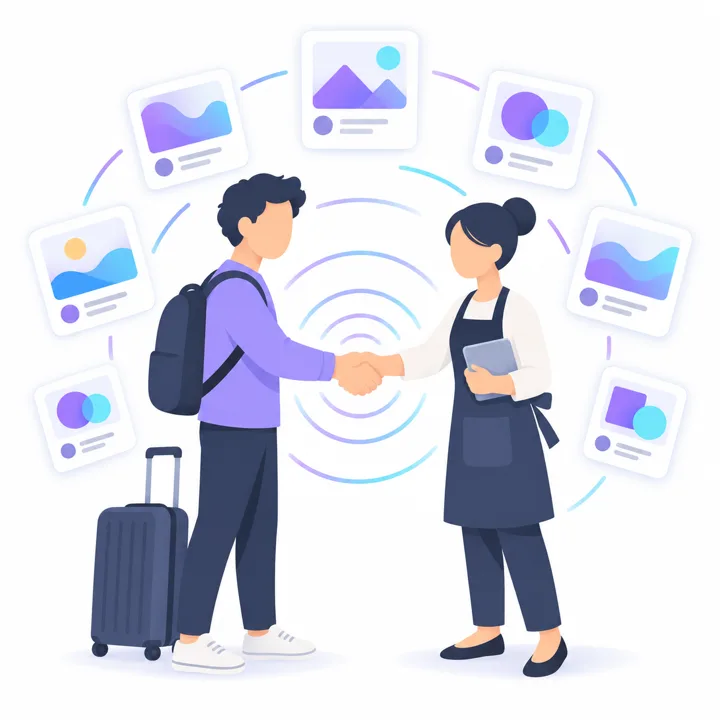 Illustration of an overseas creator shaking hands with someone from the salon, a post spreading outwards in ripples